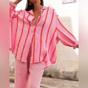 SHEIN Pink oversized striped Button Down Shirt